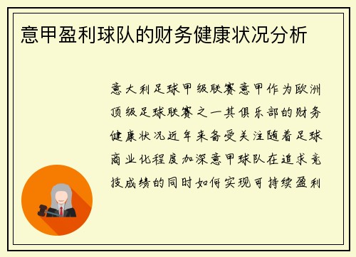 意甲盈利球队的财务健康状况分析